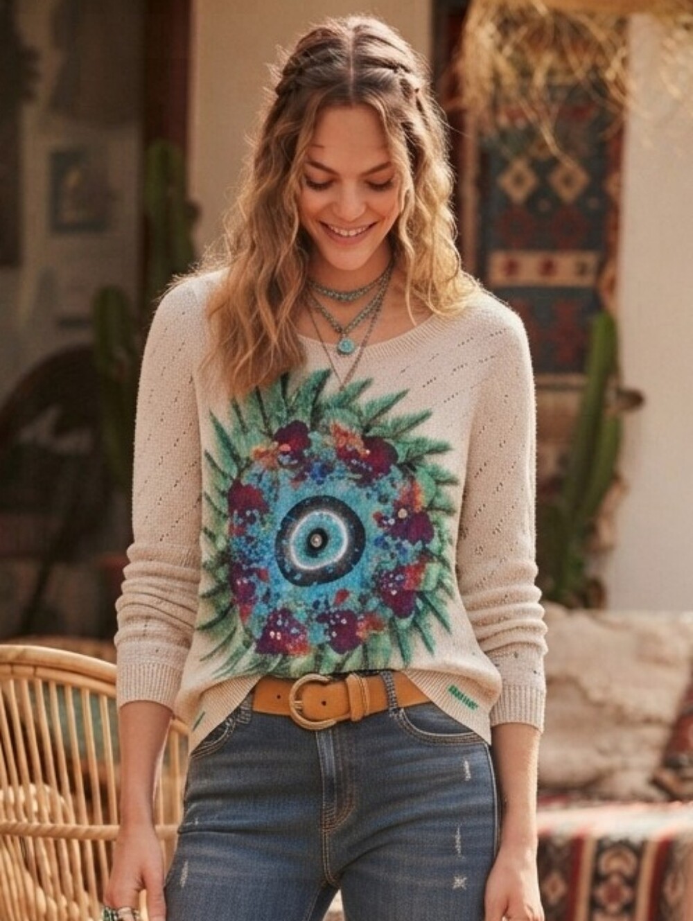Desigual Evil Eye Embellished Pointelle Knit Crewneck Sweater Size M Eclectic